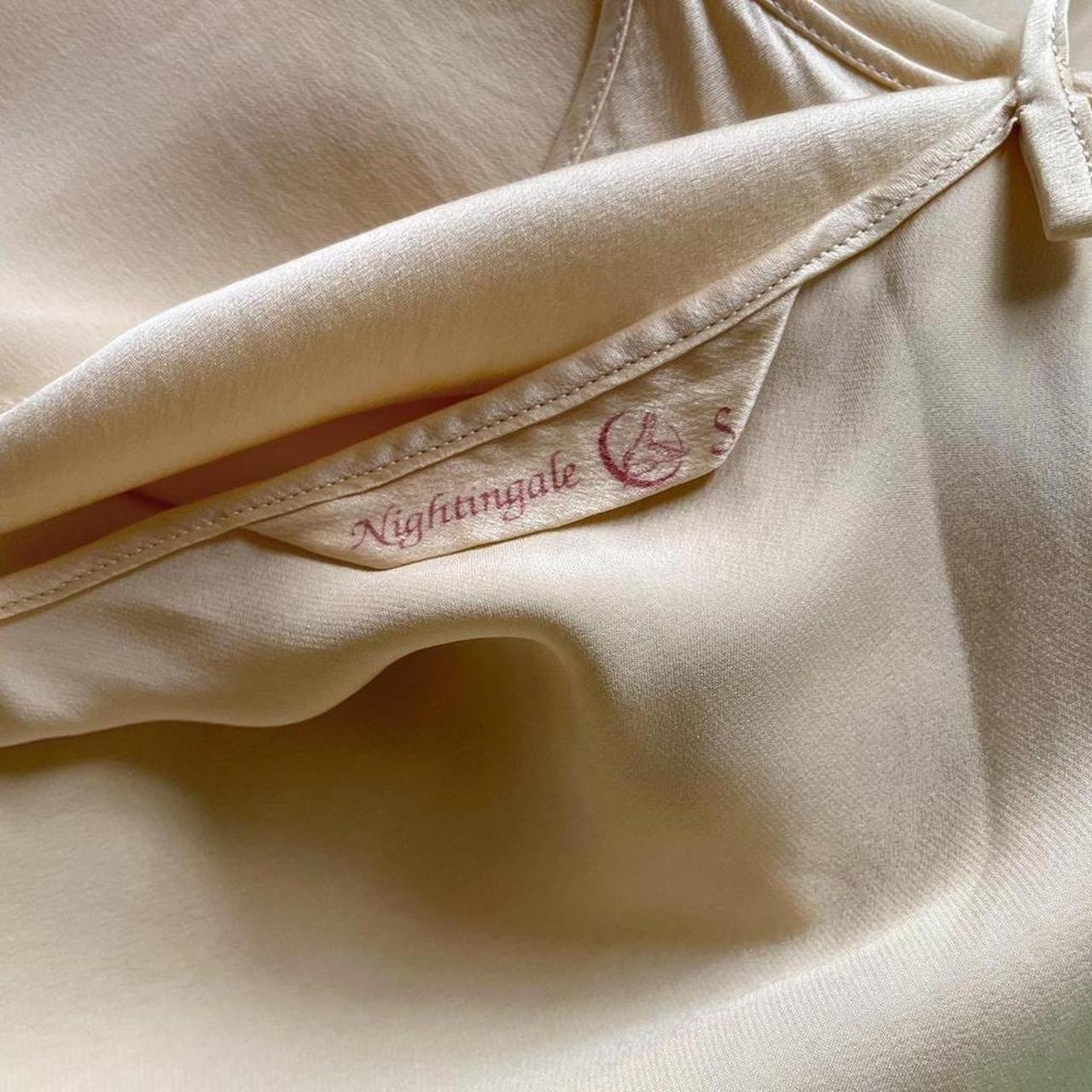 1970s vintage Nightingale champagne nude silk bias cut crane print lingerie slip dress