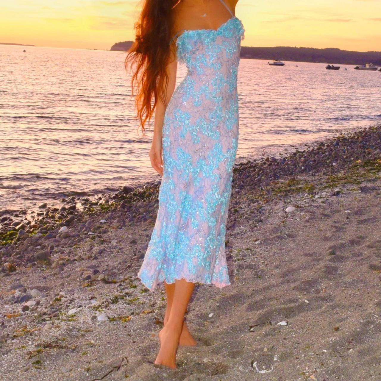 Siren Pastel Princess Baby Blue/Pink Lace Ruffled Mermaid Midi Dress