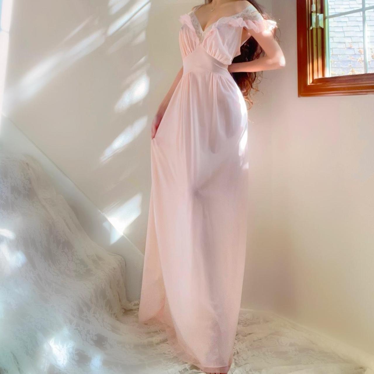 1940s Vanity Fair baby pink ballerina princess ruffled sheer nylon lingerie gown