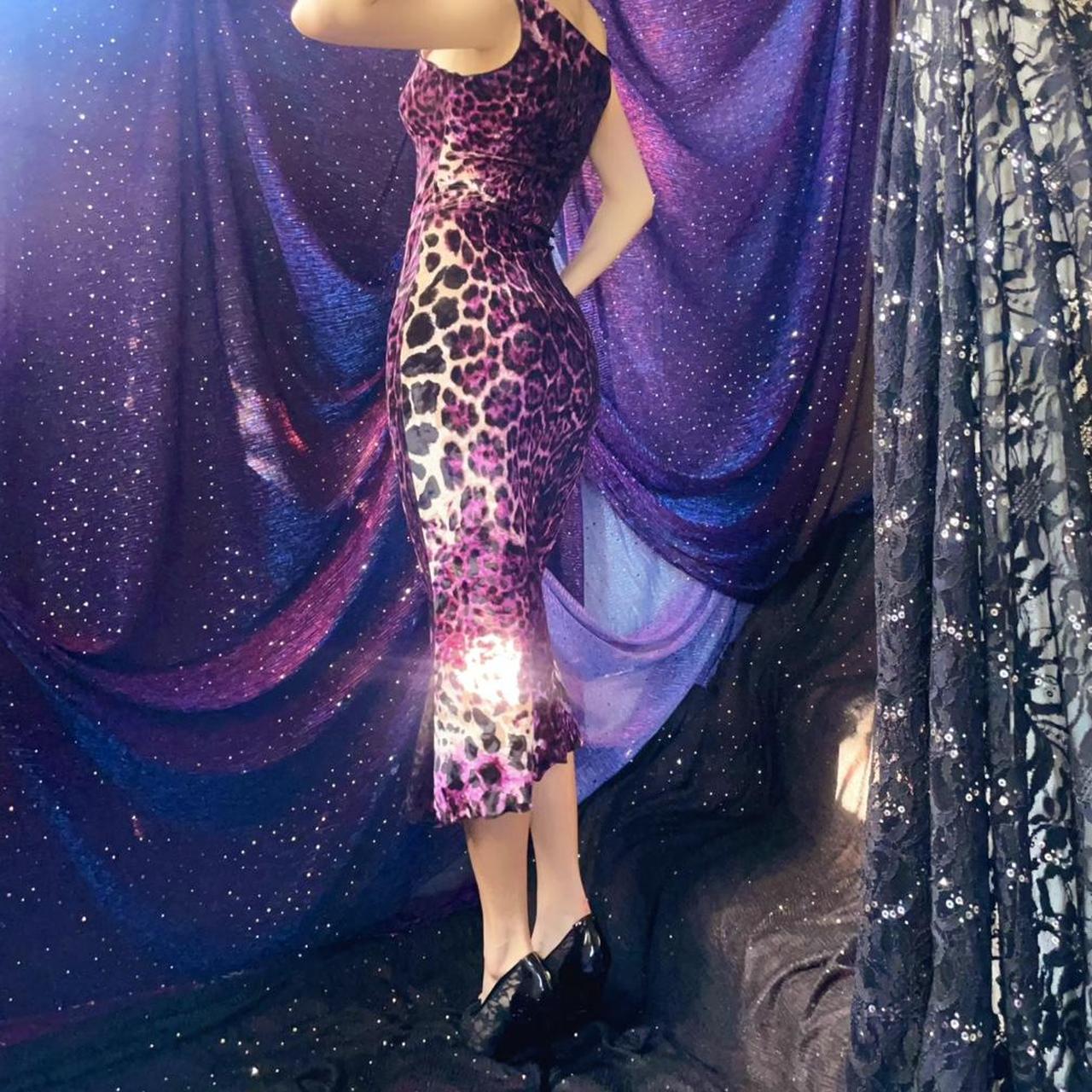 Purple Velvet Leopard Print Bateau Neck Midi Dress