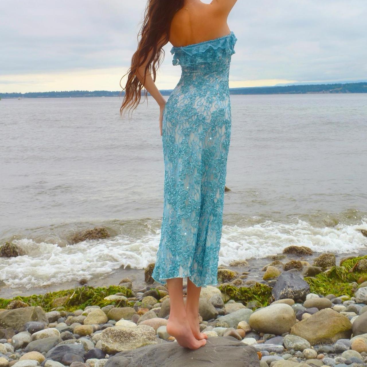 Baby Blue/White Sparkly Lace Mermaid Midi Dress