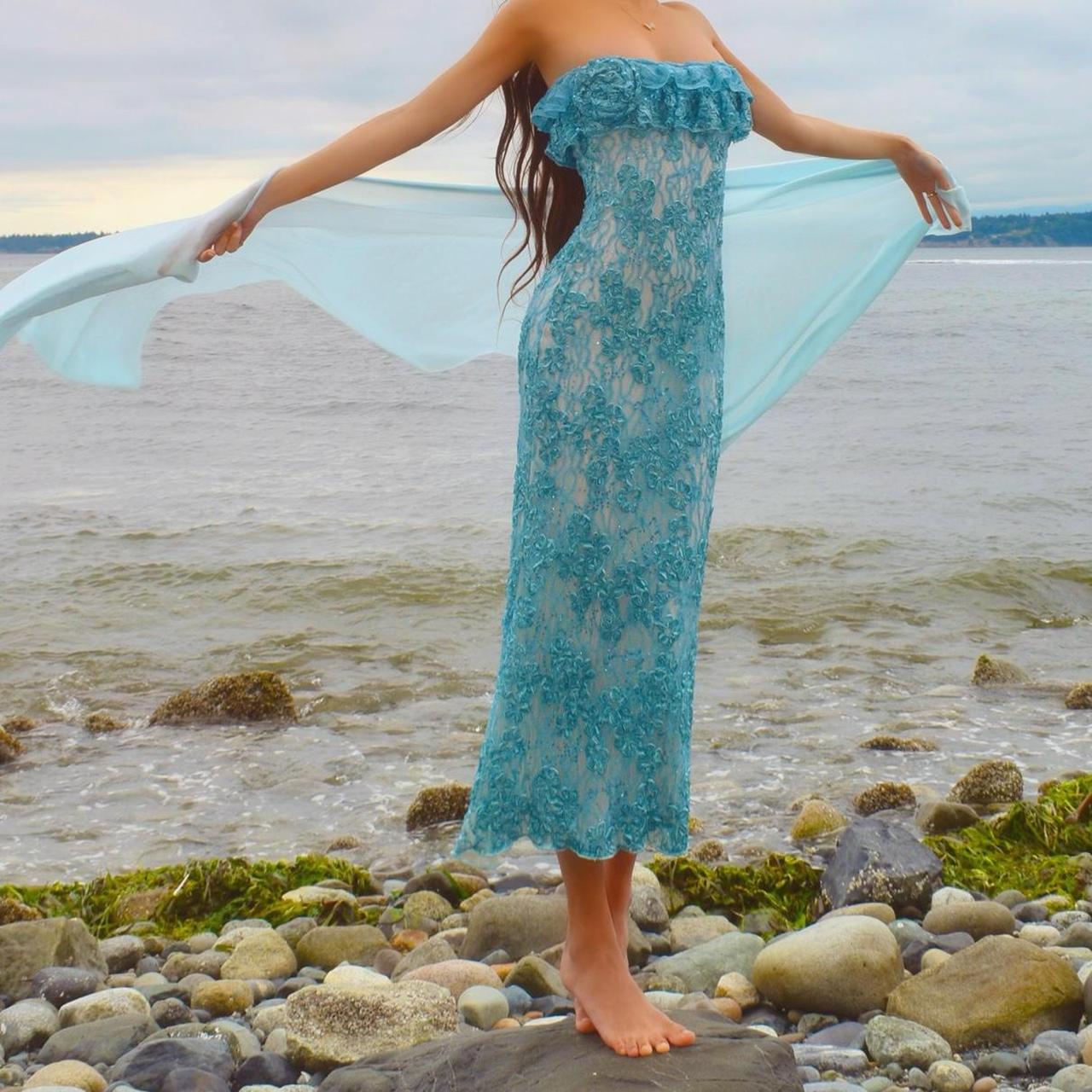 Baby Blue/White Sparkly Lace Mermaid Midi Dress