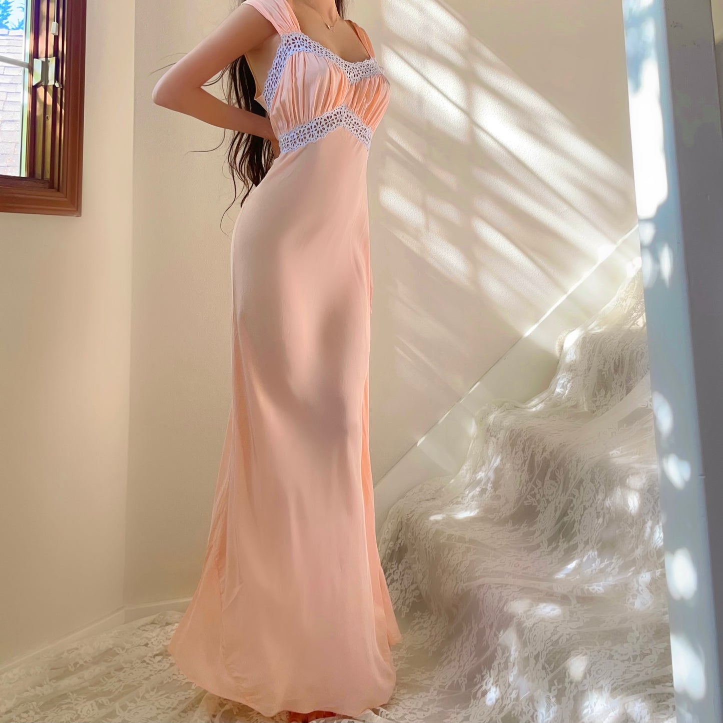 1940s vintage peachy pink & gray rayon bias cut lingerie gown