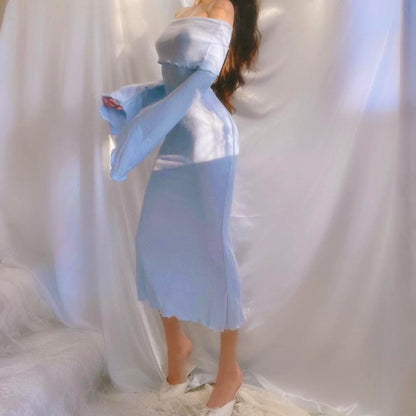 Aphrodite's Angel Baby Blue Off the Shoulder Mermaid Midi Dress