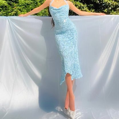 Baby Blue Sparkly Lace Cowl Neck Mermaid Midi Dress