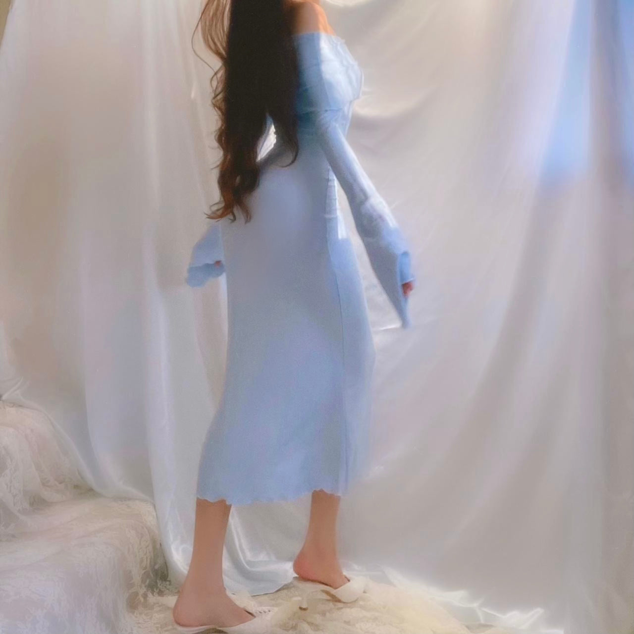 Aphrodite's Angel Baby Blue Off the Shoulder Mermaid Midi Dress