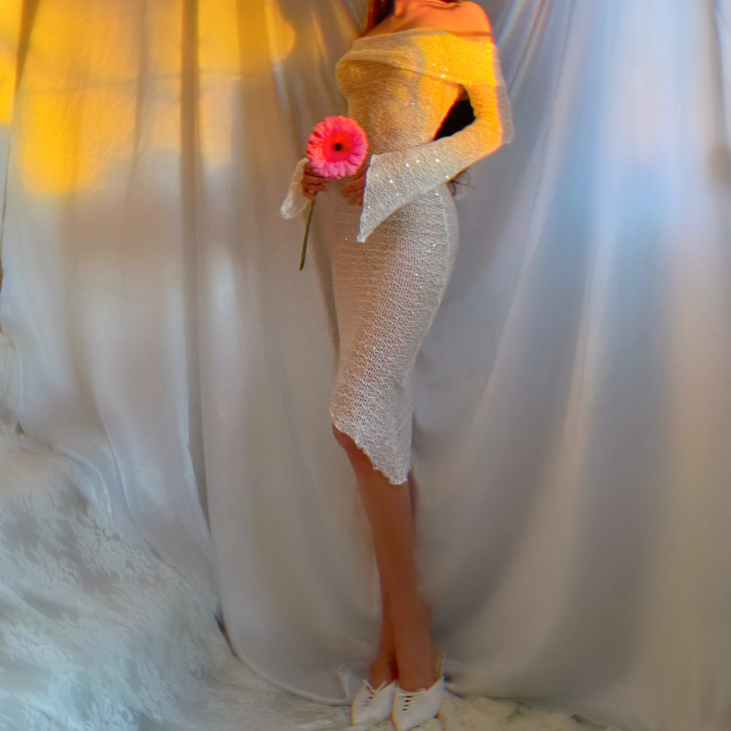 Aphrodite Crystallized Angel Sleeve Off the Shoulder Mermaid Midi Dress