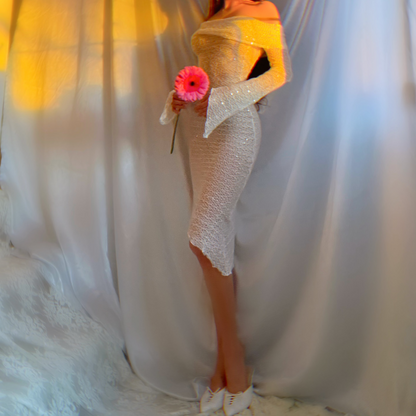 Aphrodite Crystallized Angel Sleeve Off the Shoulder Mermaid Midi Dress