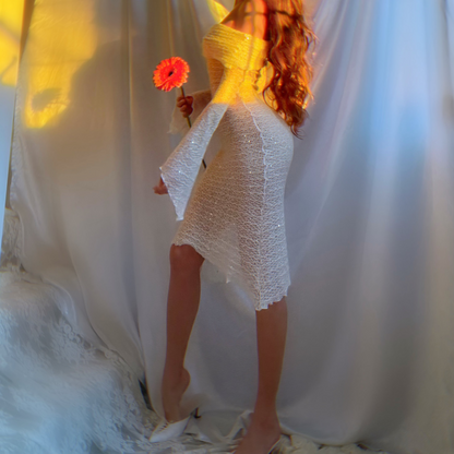 Aphrodite Crystallized Angel Sleeve Off the Shoulder Mermaid Midi Dress