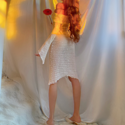 Aphrodite Crystallized Angel Sleeve Off the Shoulder Mermaid Midi Dress
