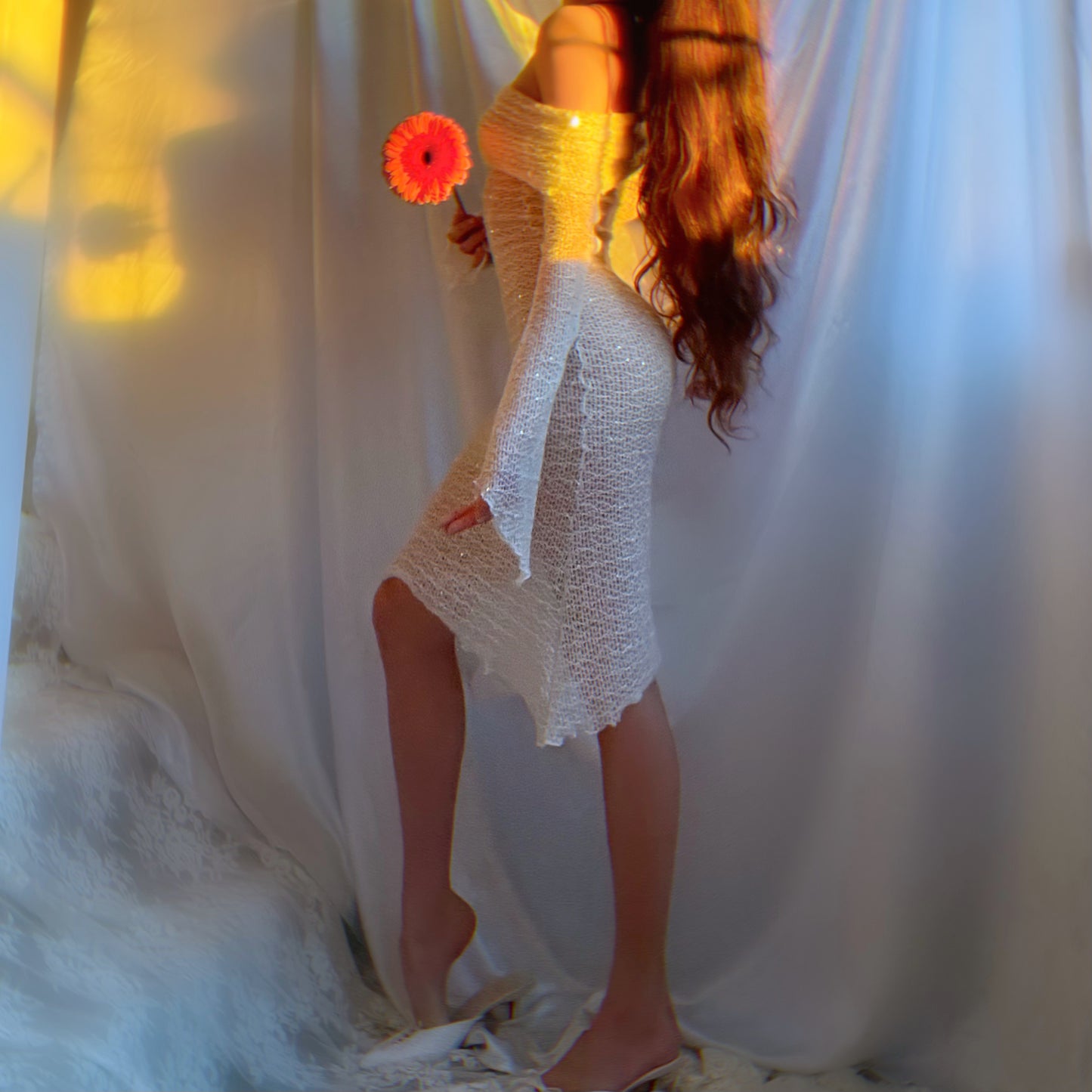 Aphrodite Crystallized Angel Sleeve Off the Shoulder Mermaid Midi Dress