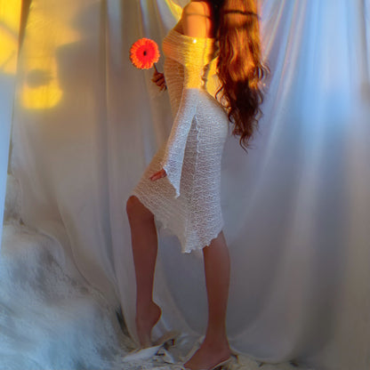 Aphrodite Crystallized Angel Sleeve Off the Shoulder Mermaid Midi Dress