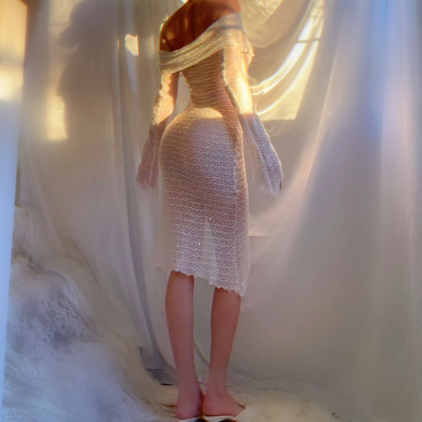 Aphrodite Crystallized Angel Sleeve Off the Shoulder Mermaid Midi Dress