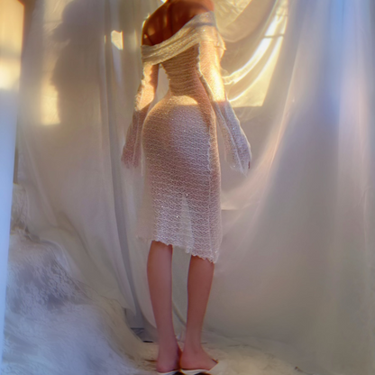 Aphrodite Crystallized Angel Sleeve Off the Shoulder Mermaid Midi Dress