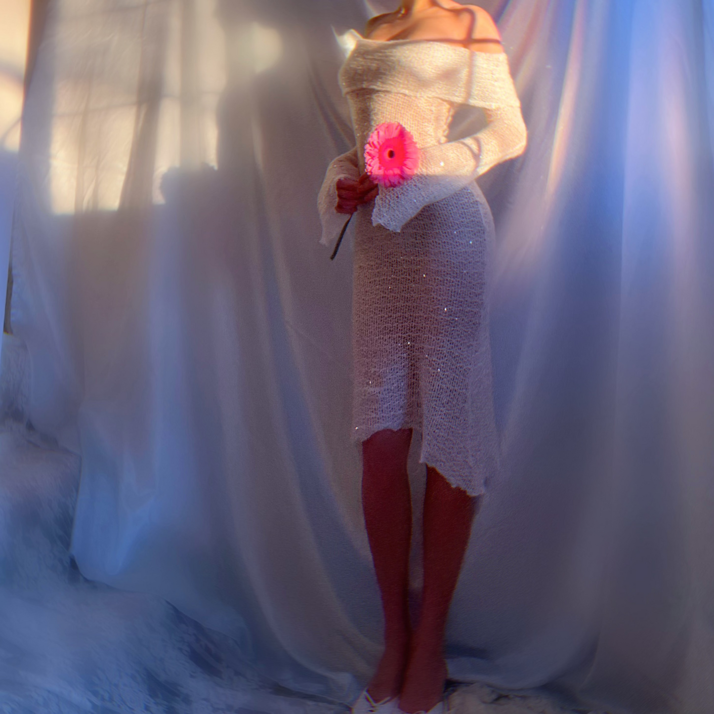 Aphrodite Crystallized Angel Sleeve Off the Shoulder Mermaid Midi Dress