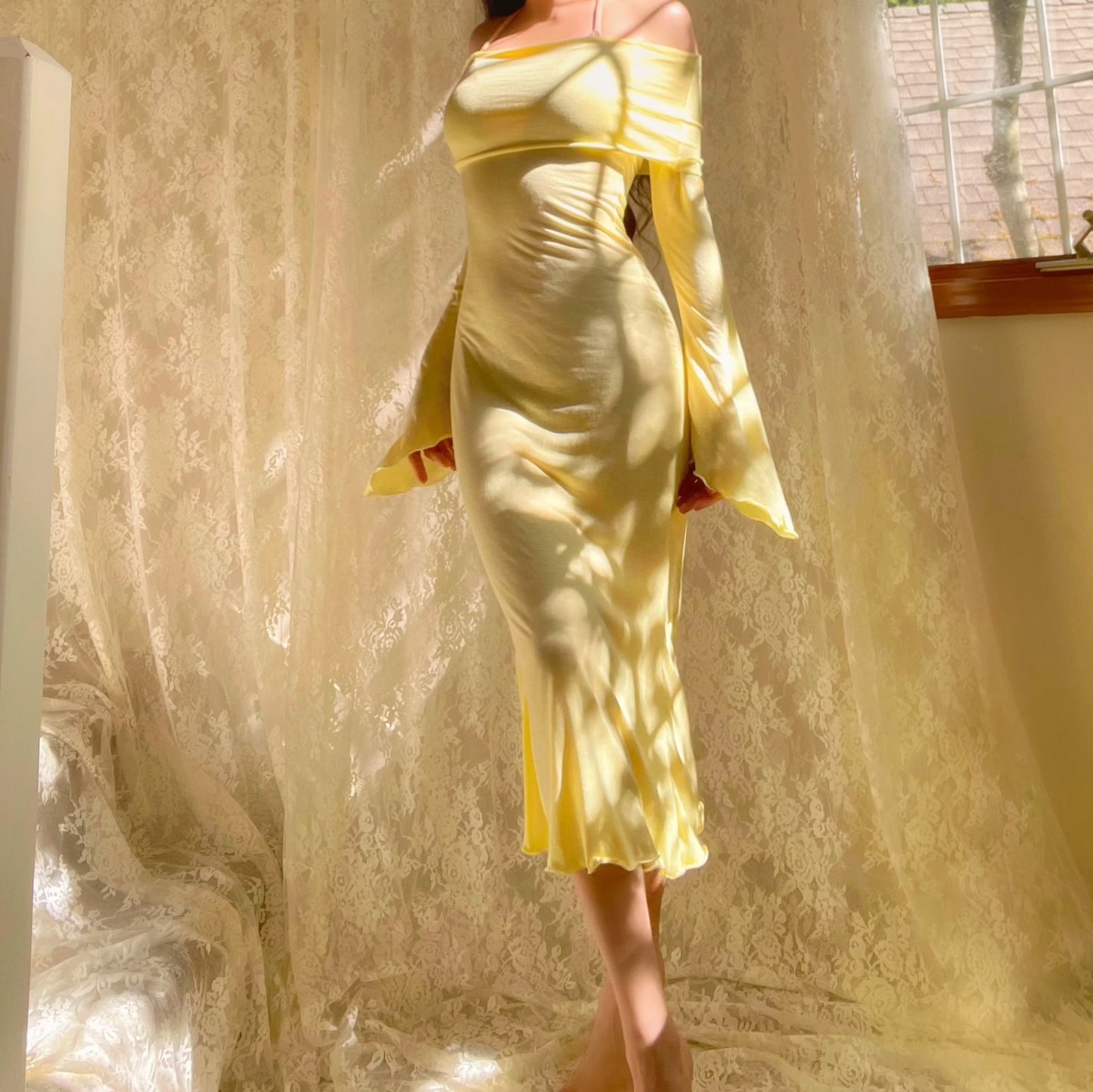 Beach Goddess Yellow Off the Shoulder Angelic Midi Dress