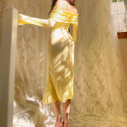 Beach Goddess Yellow Off the Shoulder Angelic Midi Dress