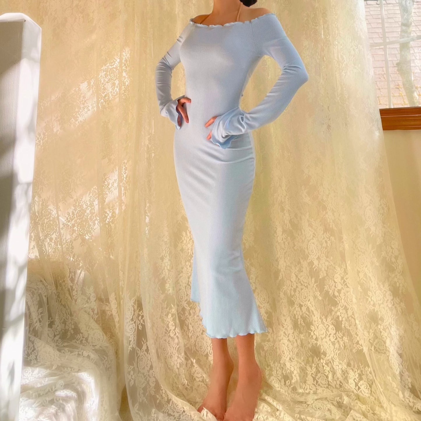 Baby Blue Baby Off the Shoulder Angelic Midi Dress