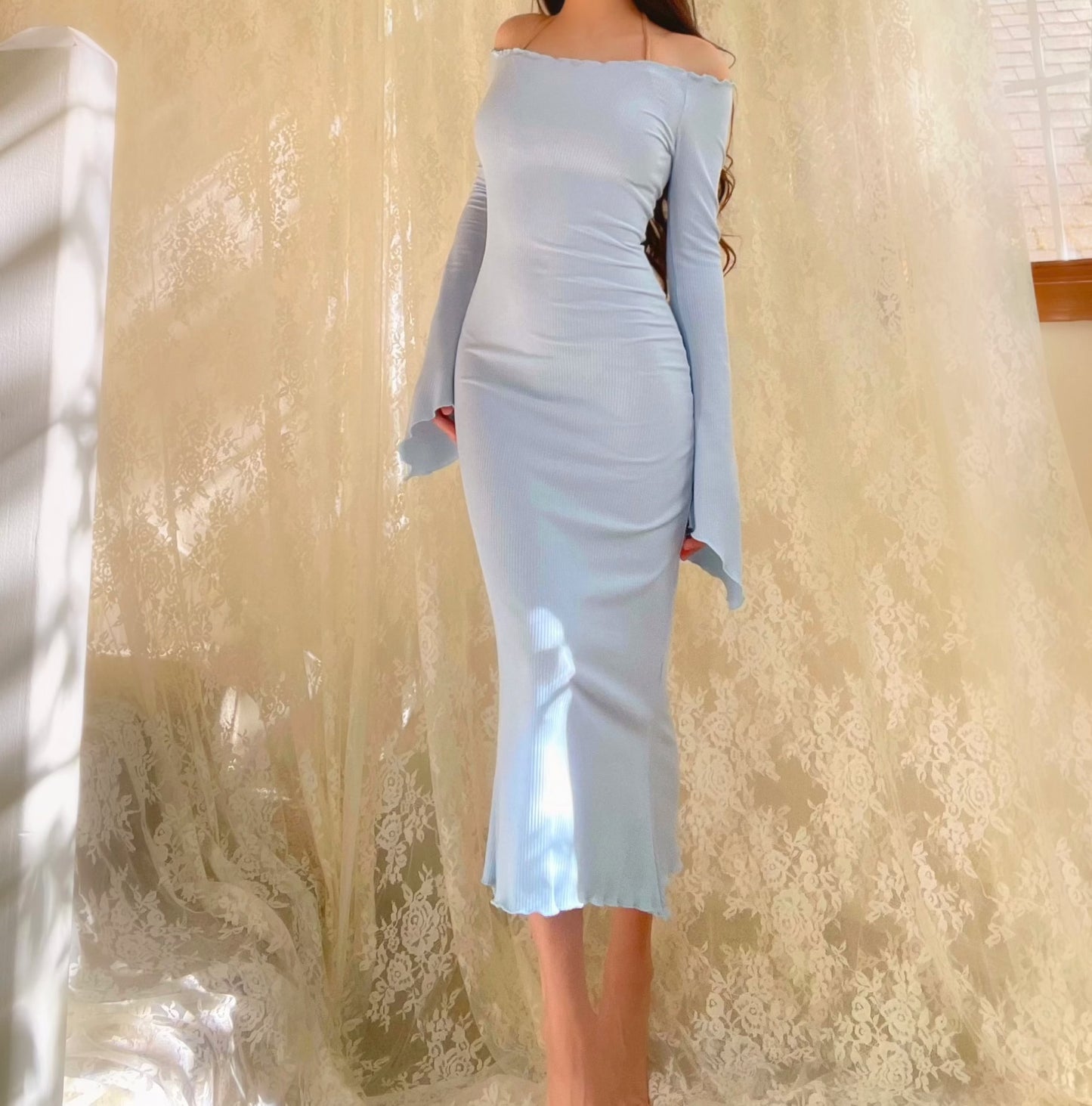 Baby Blue Baby Off the Shoulder Angelic Midi Dress