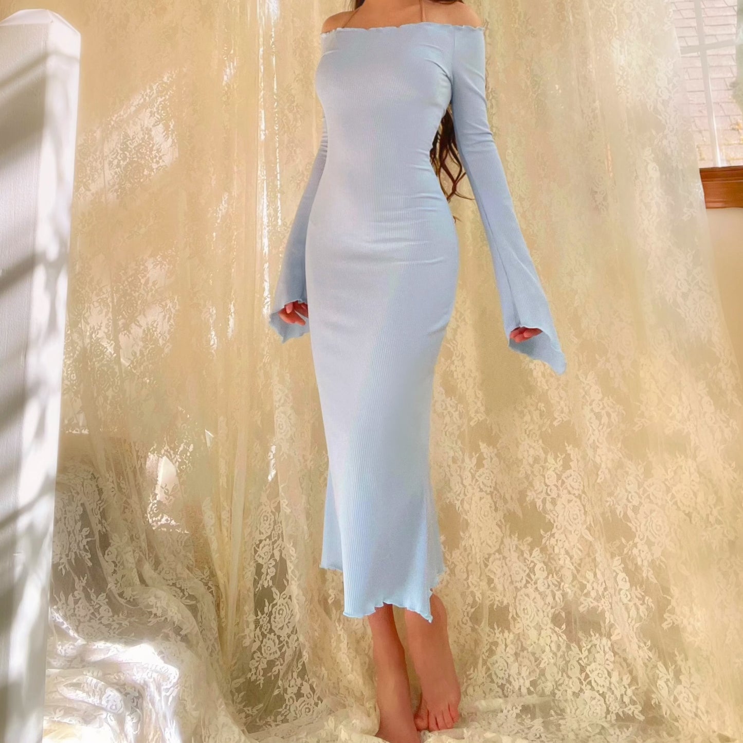 Baby Blue Baby Off the Shoulder Angelic Midi Dress