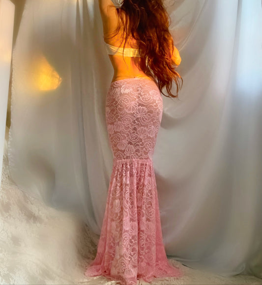 Light Pink Lace Floral Embroidered Sheer Mermaid Maxi Skirt