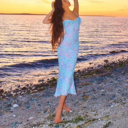 Siren Princess Baby Blue & Pink Sparkly Lace Mermaid Midi Dress