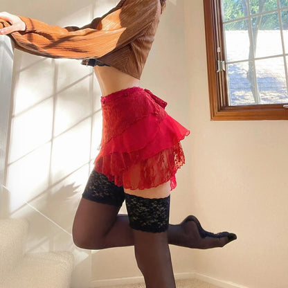Burnt Red Lace & Silk Layered Ballet Wrap Skirt