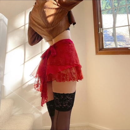 Burnt Red Lace & Silk Layered Ballet Wrap Skirt