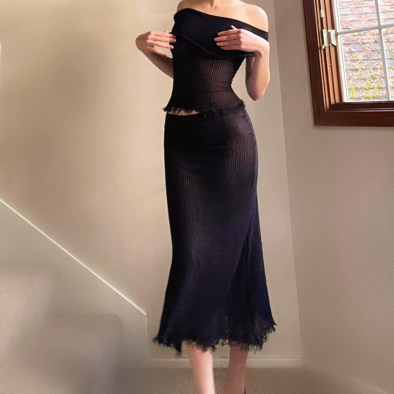 Siren Black Ribbed Off the Shoulder Matching Set