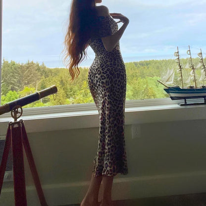 Leopard Off the Shoulder Mermaid Midi Dress