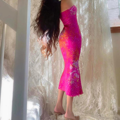 Magenta Floral Print Mermaid Midi Dress