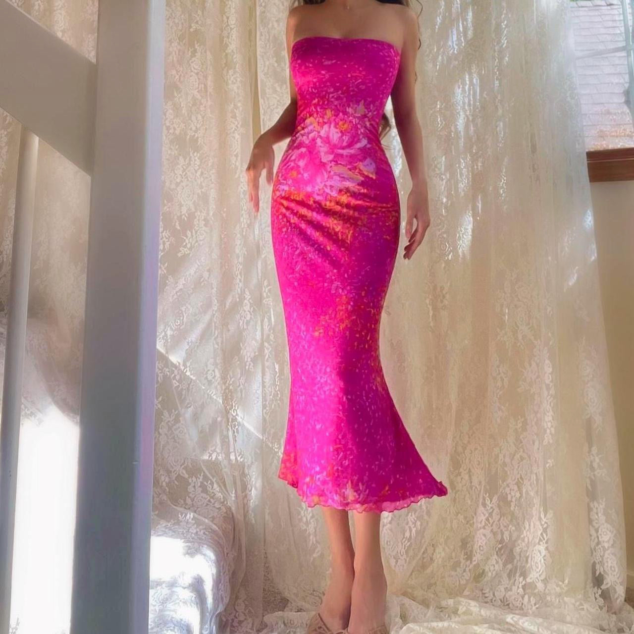 Magenta Floral Print Mermaid Midi Dress