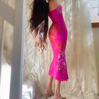 Magenta Floral Print Mermaid Midi Dress