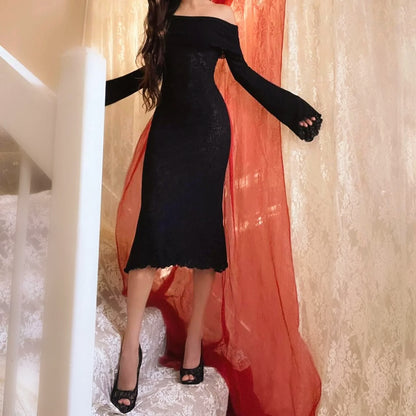 Black Ribbed Off the Shoulder Angel Sleeve Midi Dress