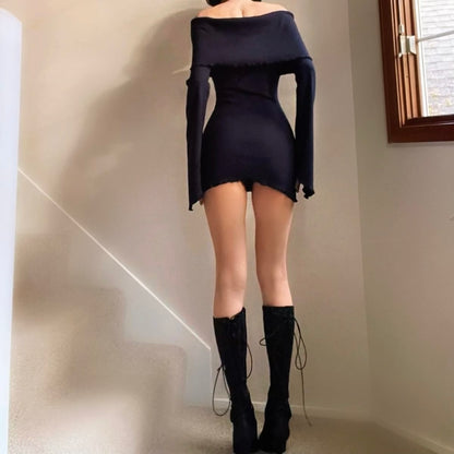 Black Ribbed Off the Shoulder Angel Sleeve Dress