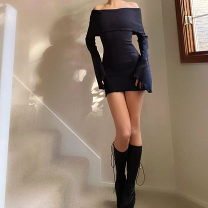 Black Ribbed Off the Shoulder Angel Sleeve Dress