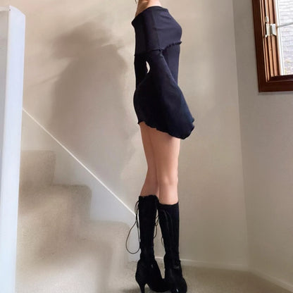 Black Ribbed Off the Shoulder Angel Sleeve Dress