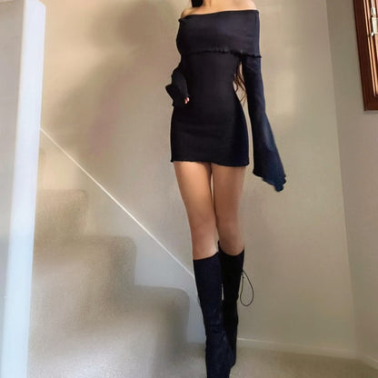 Black Ribbed Off the Shoulder Angel Sleeve Dress