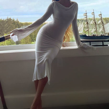 White Angel Sleeve Cowl Neck Midi Dress