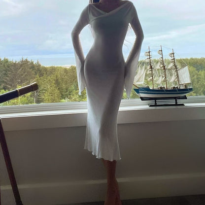 White Angel Sleeve Cowl Neck Midi Dress