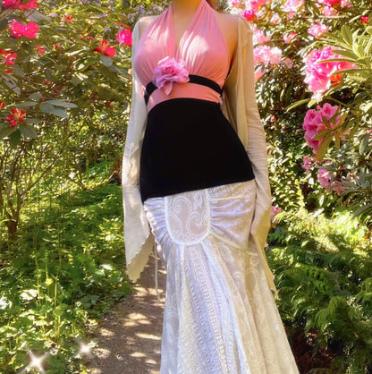 Vintage 90's Arden B Pink & Black Flower Halter Tank