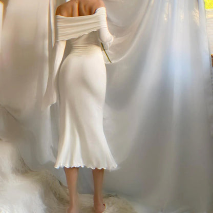 Aphrodite's Angel Pure White Off the Shoulder Mermaid Midi Dress
