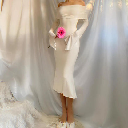 Aphrodite's Angel Pure White Off the Shoulder Mermaid Midi Dress