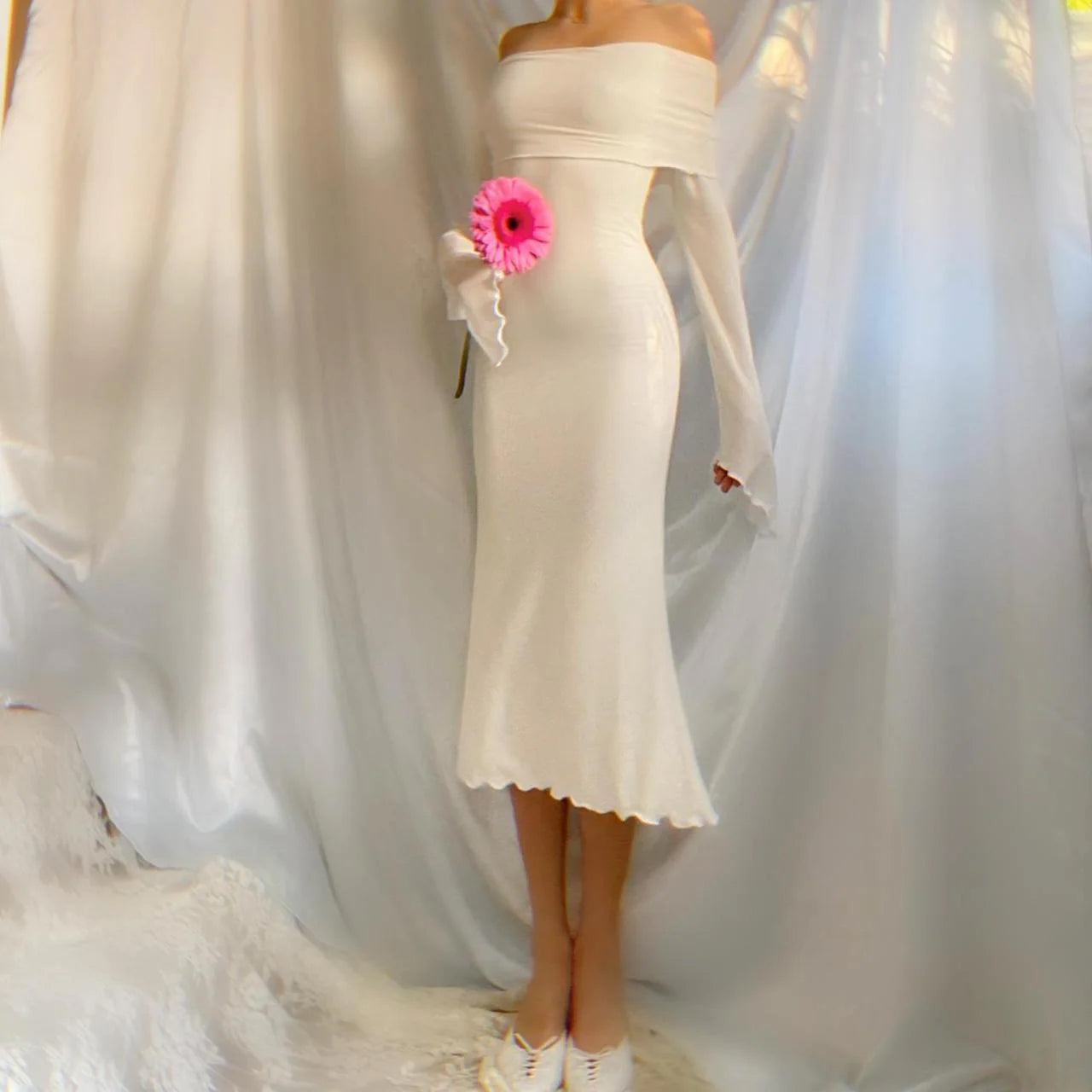 Aphrodite's Angel Pure White Off the Shoulder Mermaid Midi Dress