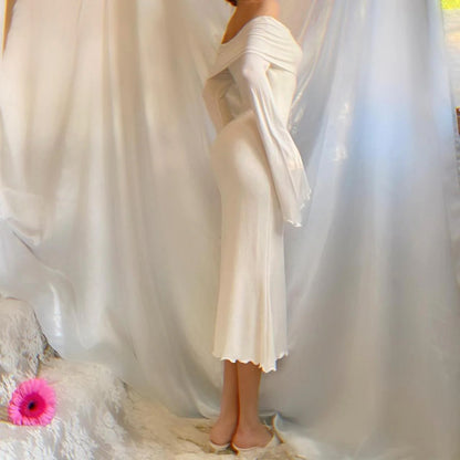 Aphrodite's Angel Pure White Off the Shoulder Mermaid Midi Dress