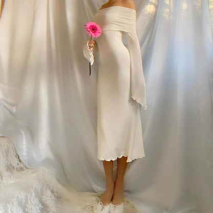 Aphrodite's Angel Pure White Off the Shoulder Mermaid Midi Dress