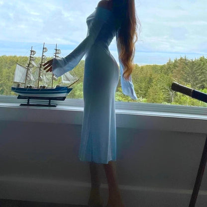 Aphrodite's Angel Baby Blue Off the Shoulder Mermaid Midi Dress