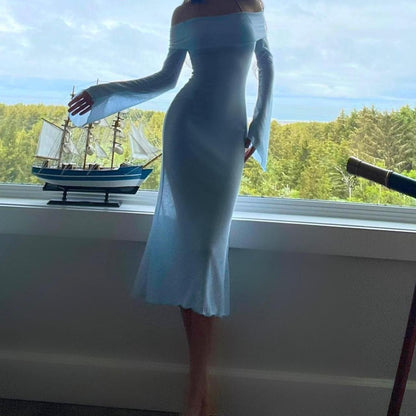Aphrodite's Angel Baby Blue Off the Shoulder Mermaid Midi Dress