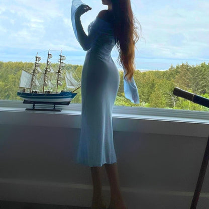 Aphrodite's Angel Baby Blue Off the Shoulder Mermaid Midi Dress