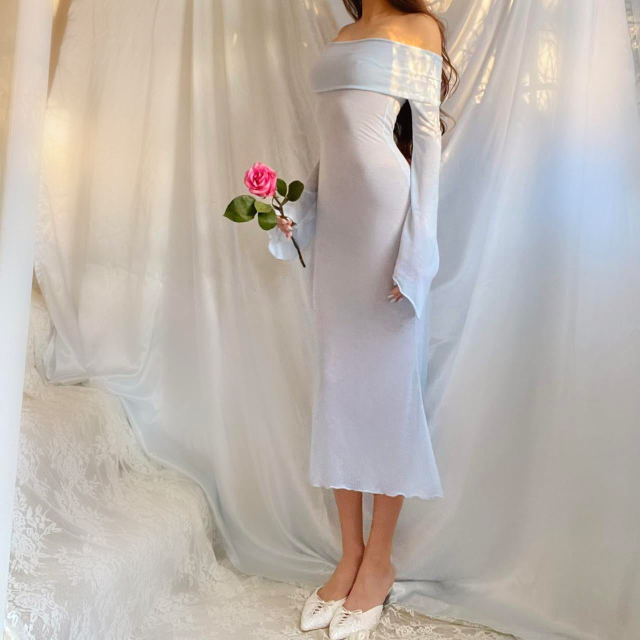 Aphrodite's Angel Baby Blue Off the Shoulder Mermaid Midi Dress